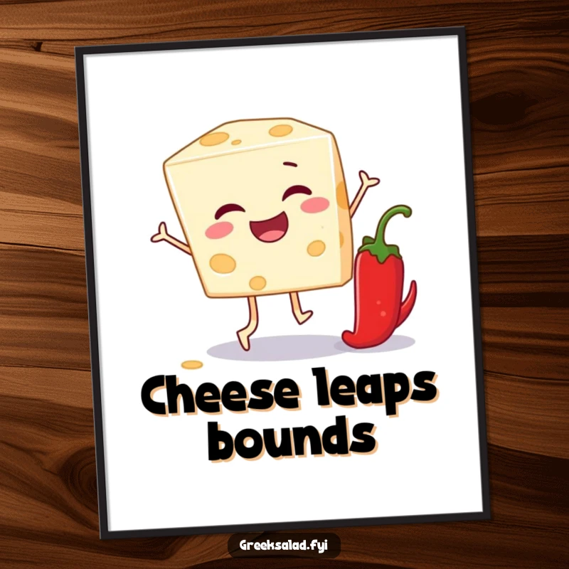 Funny poster of a feta cheese block winking and playing leapfrog over a pepper, adding playful food art.