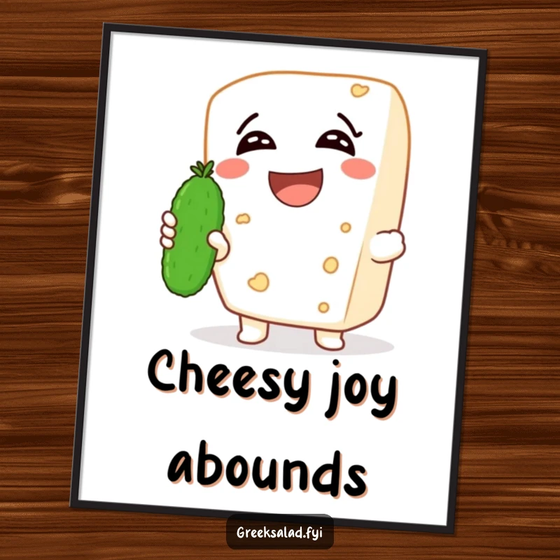 Funny poster art of a laughing feta cheese character holding a tiny cucumber, radiating cheesy humor and a lighthearted, joyful vibe.