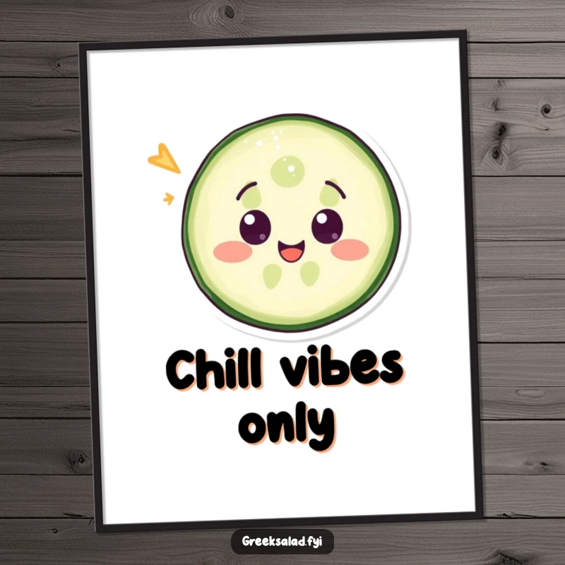 Funny poster print of a delighted cucumber slice winking, adding whimsical veggie humor to any wall.