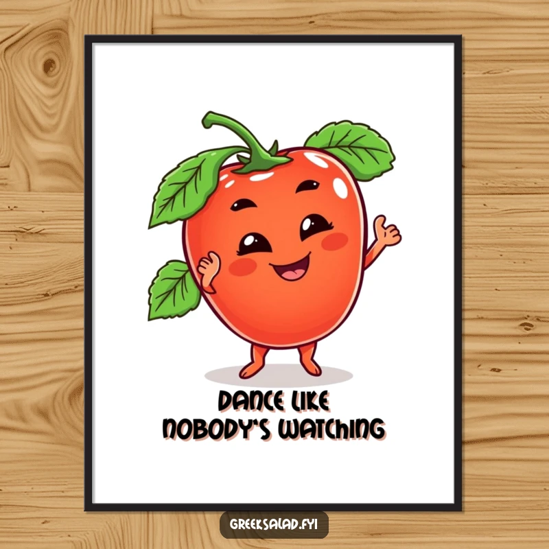 Funny poster artwork of a tomato character with a goofy grin, doing a wobbly dance, capturing lively and humorous movement.