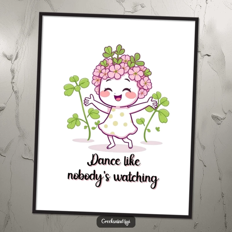 Funny poster depicting a smiling oregano sprig caught in a lively dance, adding vibrant, humorous wall decor.