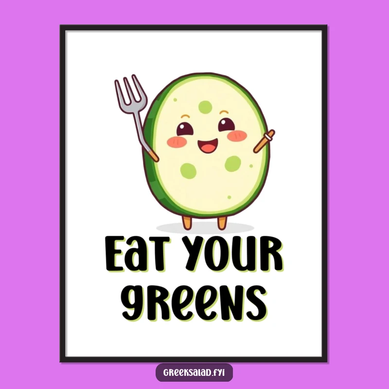 Funny Poster: Joyful Cucumber Grin, Tiny Fork Art, Kitchen Decor