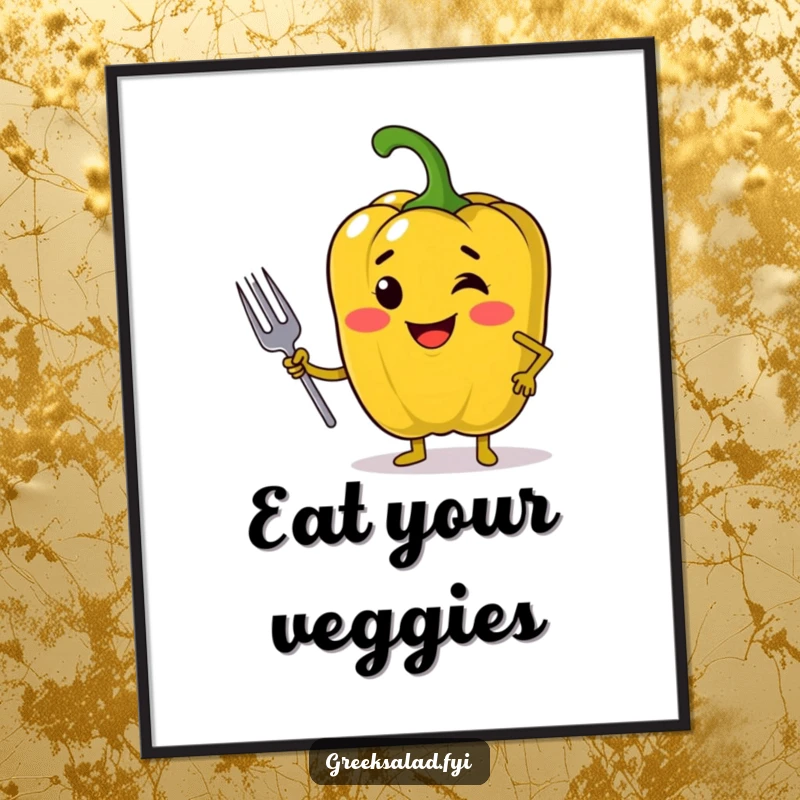 Funny poster art of a jolly bell pepper posing confidently with a mini fork, perfect for adding a humorous and foodie touch to any room.