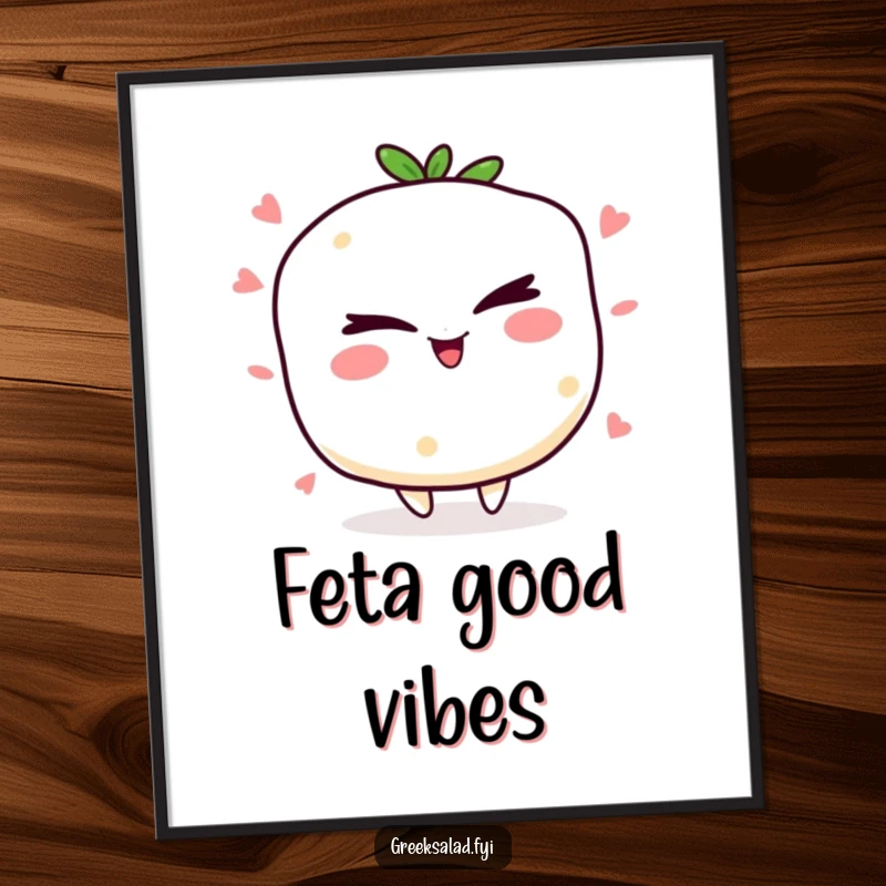 Funny winking feta cheese poster with a jolly character winking mischievously, adding quirky food humor to wall art.