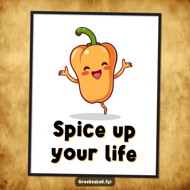 Funny poster art of a happy bell pepper character performing an energetic jig with a flourish, adding vibrant dance and humor to walls.