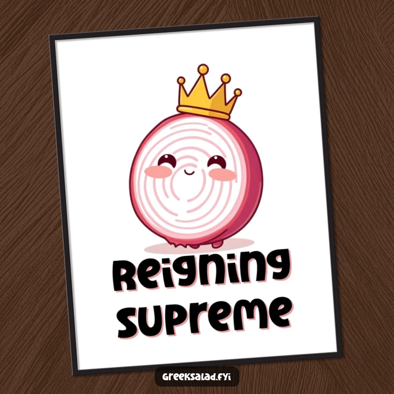 Funny poster of a blushing red onion slice wearing a small crown, swaying gently, adding regal whimsy to decor.