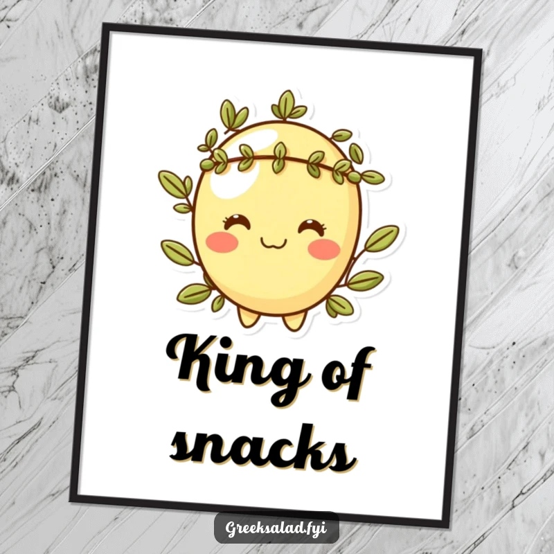 Funny poster art of a cheeky olive character with a laurel wreath, exuding sophisticated humor and playful confidence.