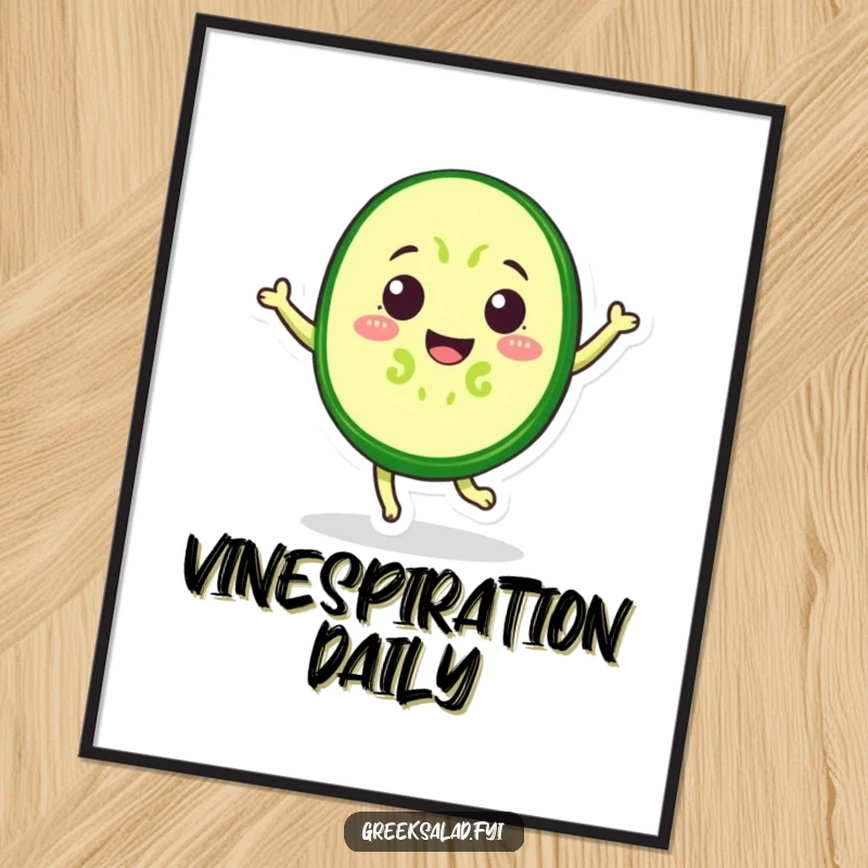 Funny Poster featuring a jubilant cucumber slice doing a whimsical jump, bringing a splash of cartoon cheer to any room.