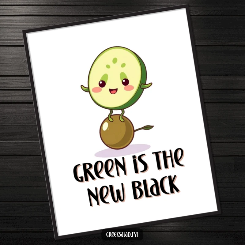 Funny poster depicting a grinning cucumber balancing precariously on an olive, adding healthy humor to wall decor.