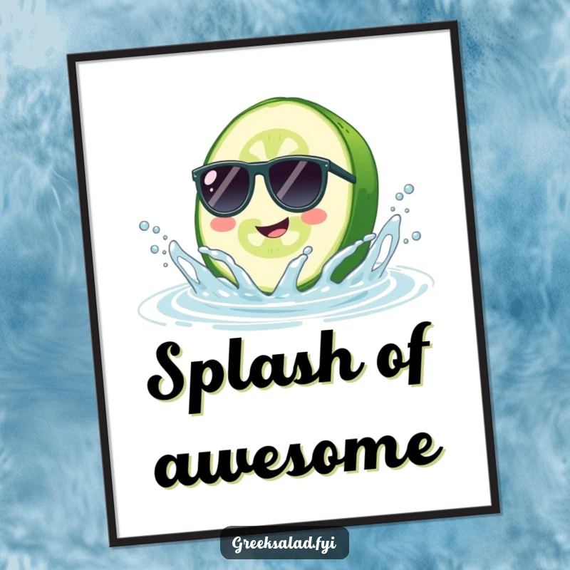 Funny Cucumber Sunglasses Poster: A cheerful cucumber sporting sunglasses dives into water, a humorous splash for your wall.