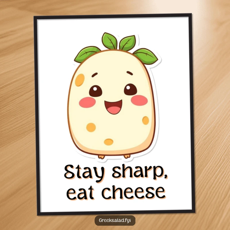 Funny poster showcasing a broad-smiling feta cheese character, bringing dairy-themed humor and cheerful vibes to any wall decor.