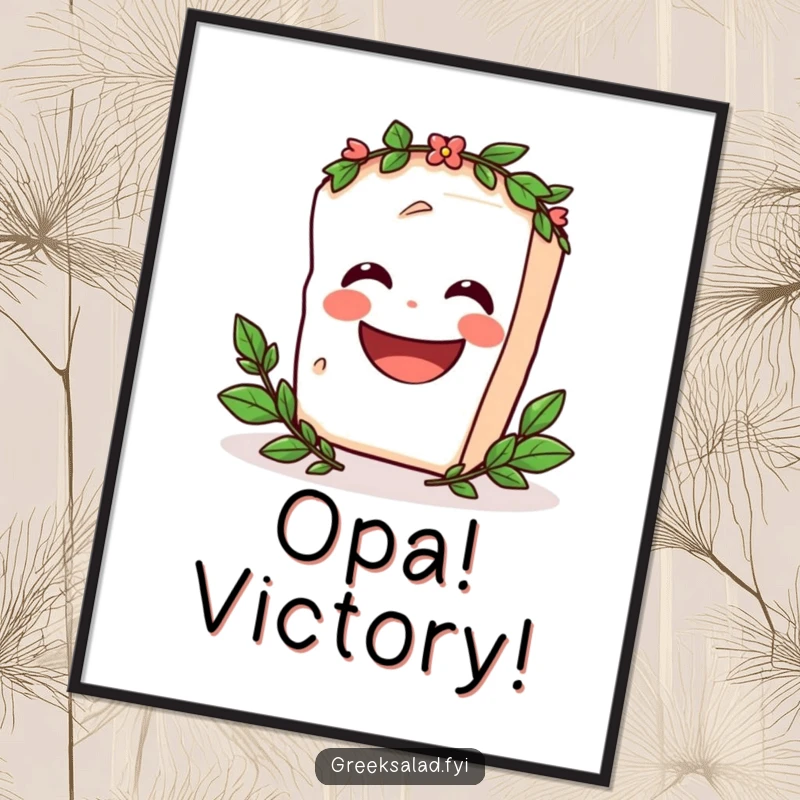 Funny Poster depicting a triumphant feta cheese block, crowned with a laurel wreath, spinning with celebratory glee, a cheese lover's dream.