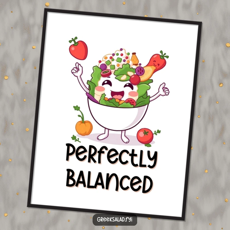 Funny smiling Greek salad bowl character balancing ingredients on a poster, creating a visually balanced and humorous artwork.