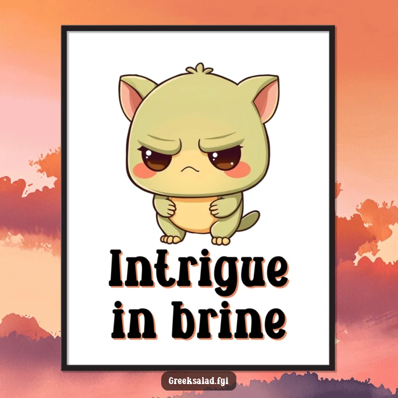 Funny poster of a grumpy olive character looking intrigued, adding a touch of dry wit and understated curiosity to wall decor.