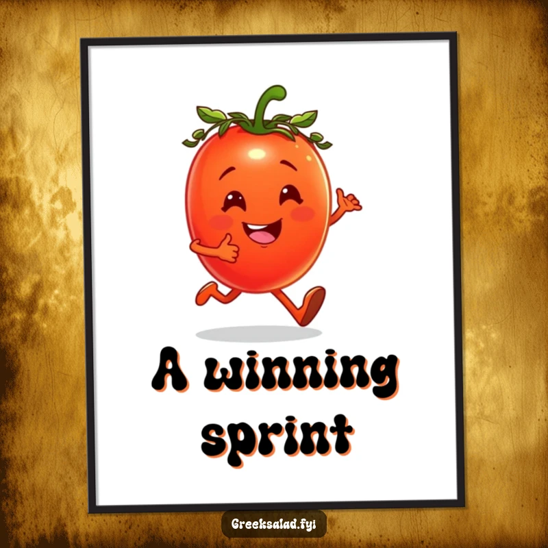 Funny poster of a cheerful tomato wearing a laurel wreath, jogging happily, symbolizing fitness.