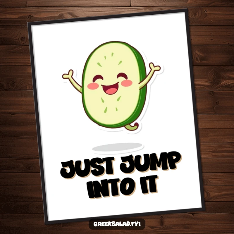 Funny poster art of a beaming cucumber slice executing a dynamic happy jump, embodying pure, energetic vegetable fun for wall decoration.