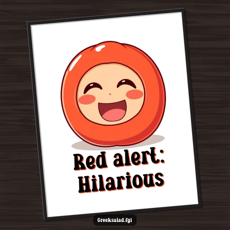 Funny poster of a cheerful tomato character rolling with laughter, adding vibrant and humorous energy to any wall space.