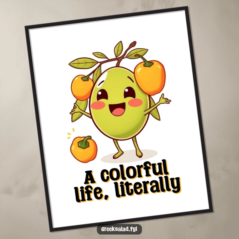 Funny poster featuring a happy olive character in mid-juggle with bright bell peppers, adding a splash of cartoon humor.
