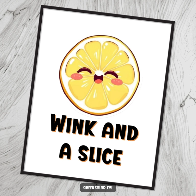 Funny poster art of a giggling lemon slice with a playful wink, perfect for adding a bright, zesty, and humorous touch to any room.