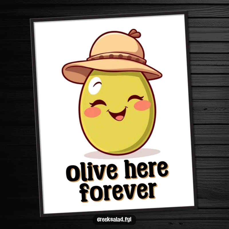 Funny poster art of a smiling olive character wearing a jaunty hat and giving a playful wink, adding charming wit to walls.