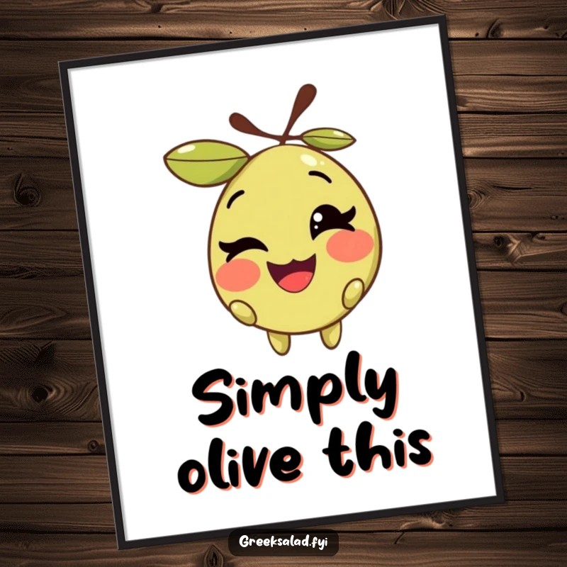 Funny poster print of a smiling olive character with its pit, giving a playful wink, ideal for kitchen or dining areas.