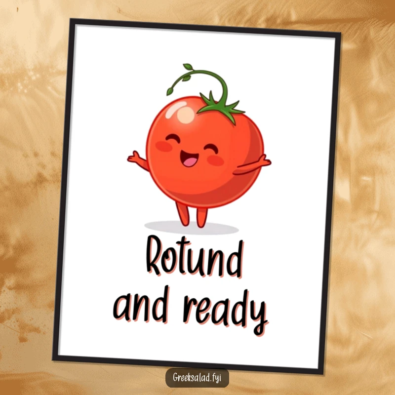Funny Poster of a happy tomato with a stem gracefully pirouetting, bringing a touch of whimsical art and garden cheer.