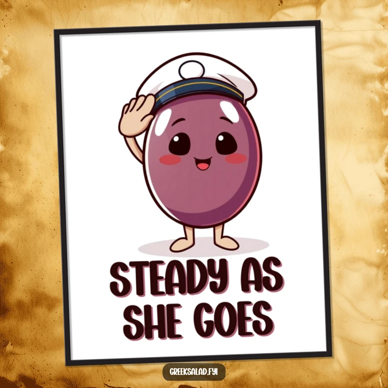 Funny poster art of a cheerful Kalamata olive wearing a tiny sailor hat and giving a salute, adding a touch of playful nautical charm.