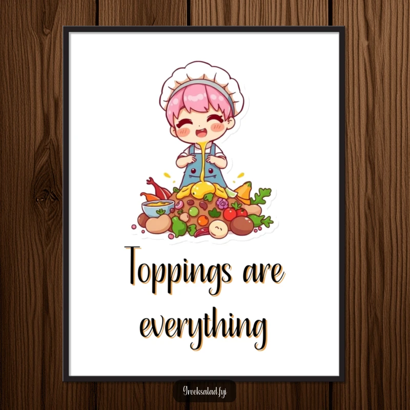 Funny poster of a chef character happily drizzling a topping over a pile of ingredients, perfect kitchen art.