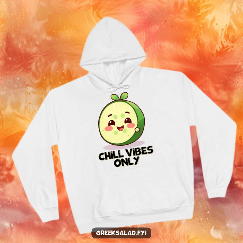 Funny delighted cucumber slice character with a cool expression and refreshing smile on a cozy hoodie, cozy cool comfort.