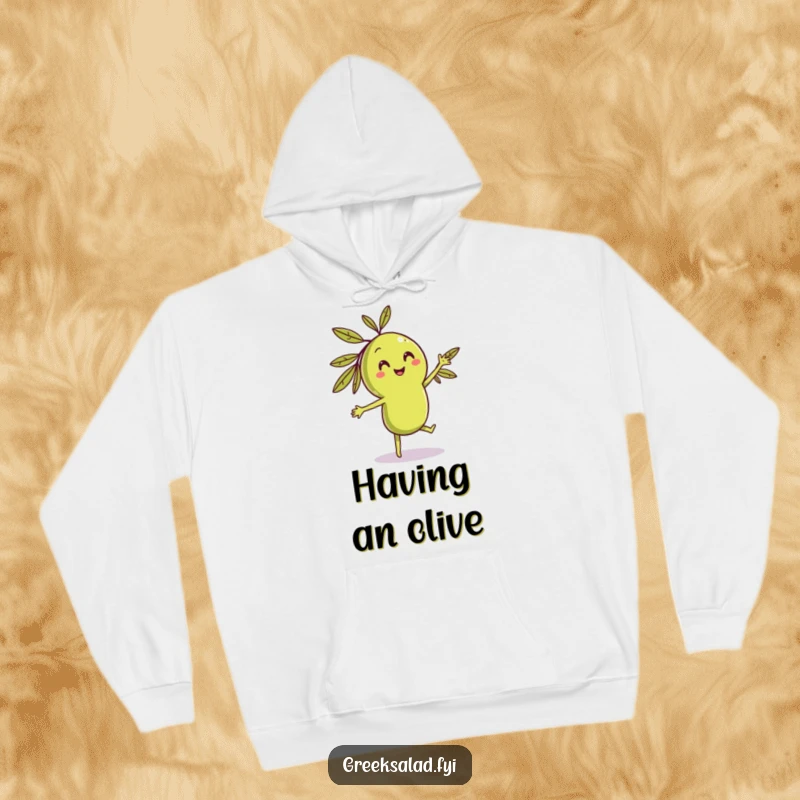 Funny dancing olive hoodie with a smiling character grooving playfully, offering warmth and a dose of food-themed humor.