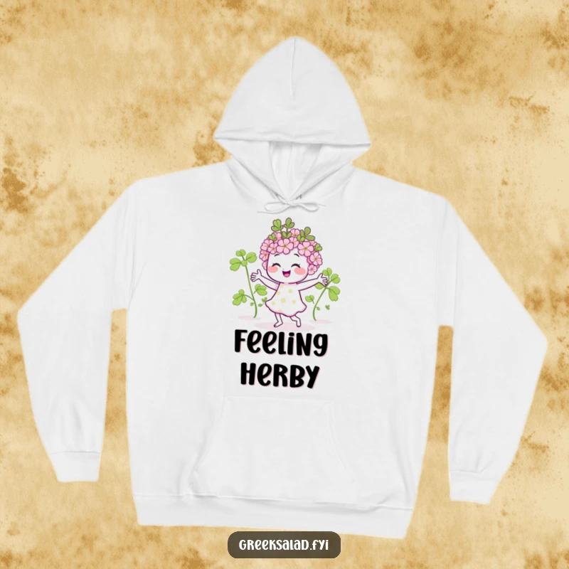 Funny hoodie featuring a smiling oregano sprig dancing energetically, offering warmth and a splash of herb-themed humor.