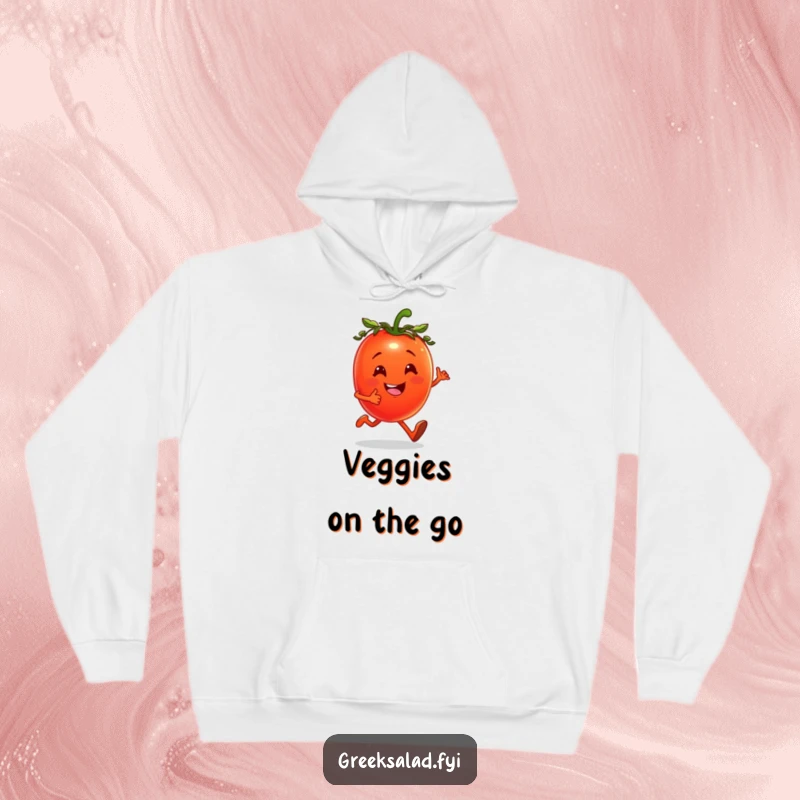 Funny hoodie depicting a cheerful tomato with a laurel wreath, jogging energetically and happily.