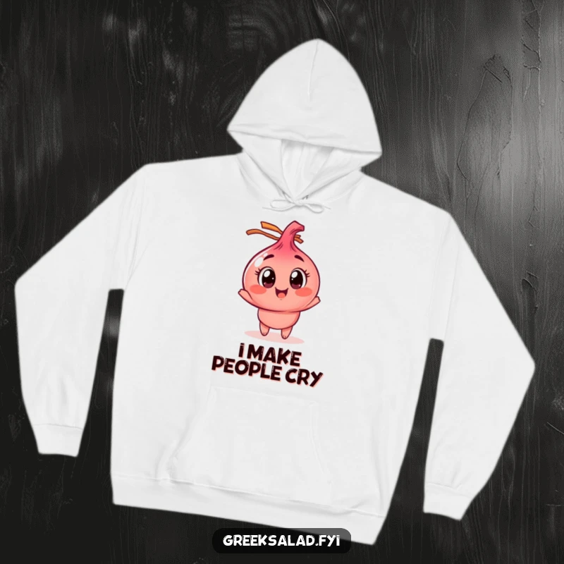 Funny red onion hoodie with a playful character spinning excitedly, ideal for a warm and humorous addition to any wardrobe.