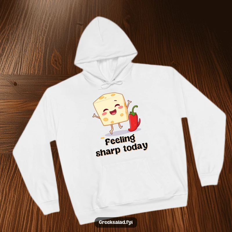 Funny hoodie featuring a feta cheese block playing leapfrog over a pepper, offering cozy and cheesy humor.