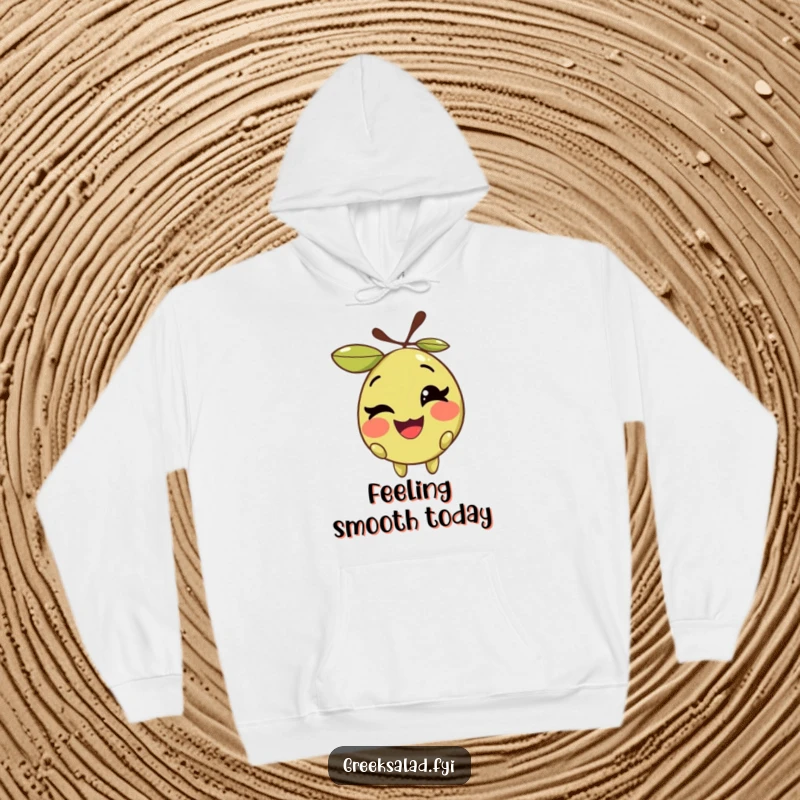 Funny hoodie featuring a smiling olive with a visible pit, playfully winking, designed for comfort and humor.