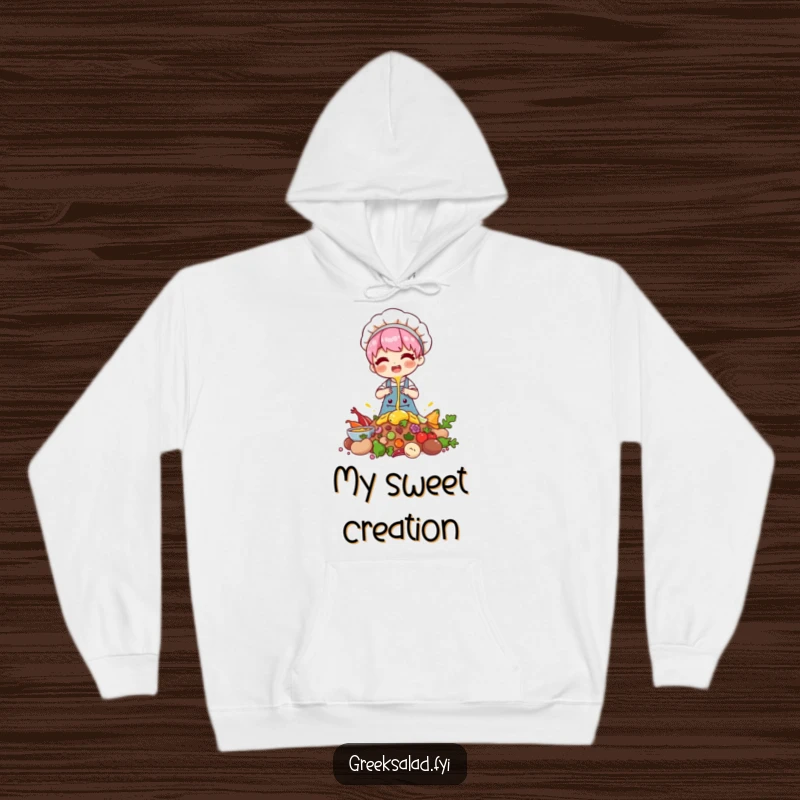 Funny hoodie showcasing a chef character happily drizzling over a pile of ingredients, perfect for cozy baking sessions.