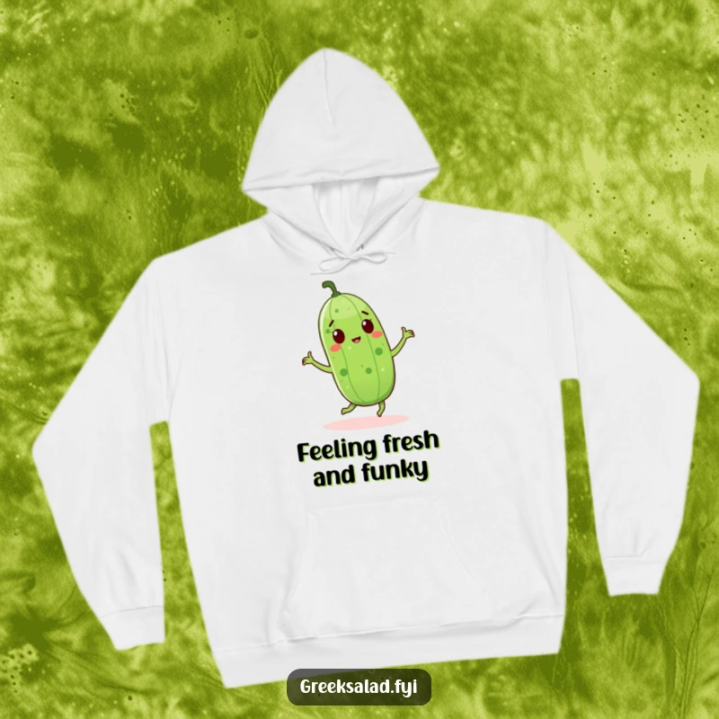 Funny cucumber character doing a happy dance on a hoodie, offering warmth and a cheerful, energetic feel.
