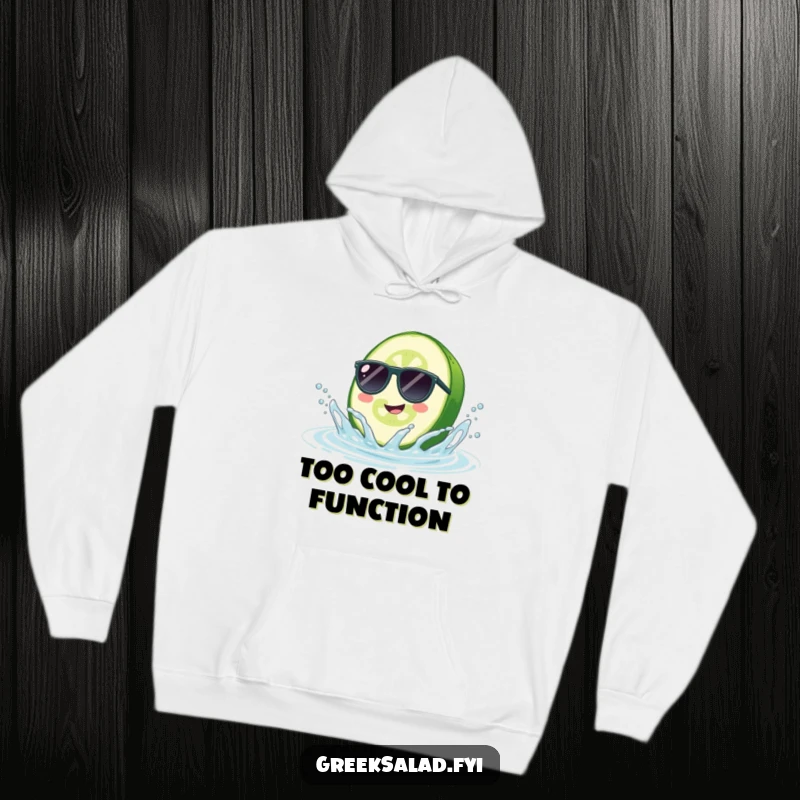 Funny Cucumber Sunglasses Hoodie: A smiling cucumber with shades enjoys a fun water splash, offering warmth and humor.