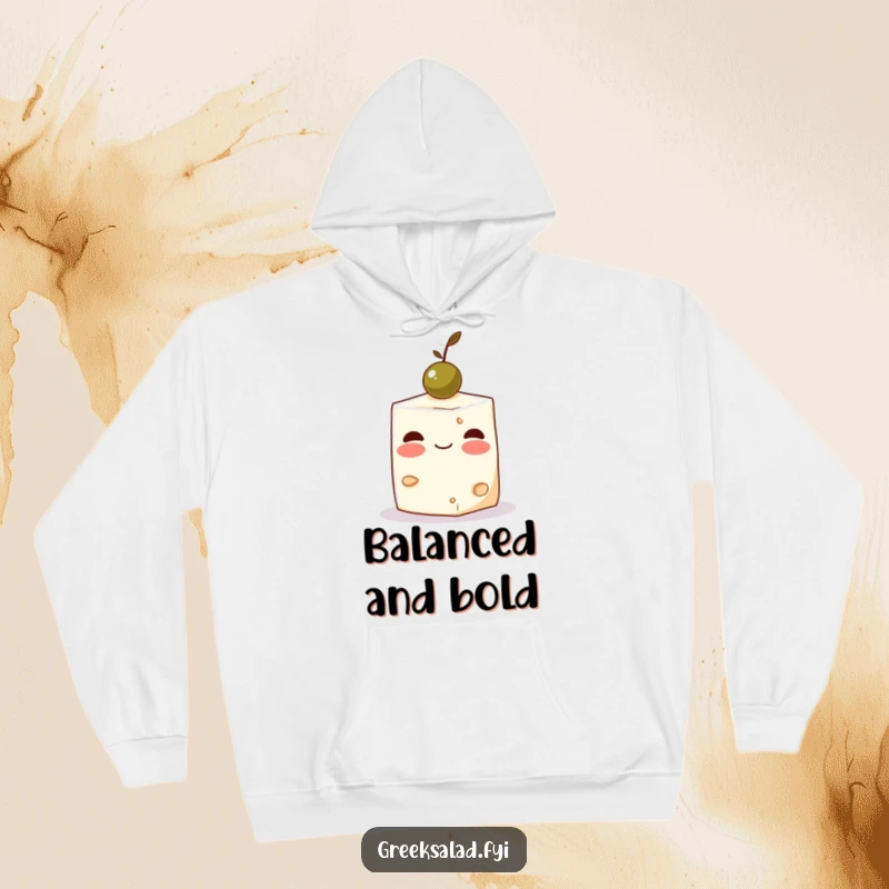 Funny Feta Cheese Olive Hoodie: A blushing feta cheese cube balances an olive, offering cozy food humor.