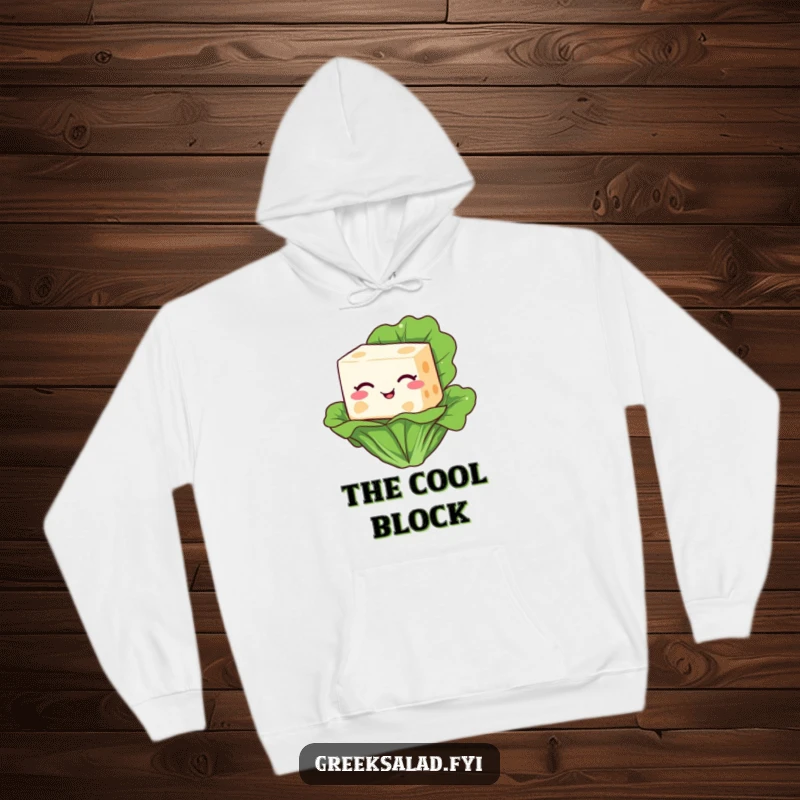 Funny hoodie design featuring a cheerful feta cheese block winking mischievously from atop a verdant lettuce leaf.