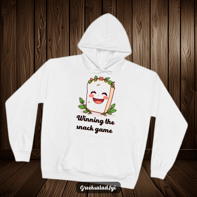 Funny Hoodie featuring a laughing feta cheese block in a laurel wreath, captured mid-spin, exuding cheesy celebration and warmth.