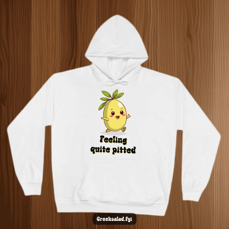 Funny hoodie depicting a playful Greek olive character rolling around happily, offering cozy Mediterranean wit.