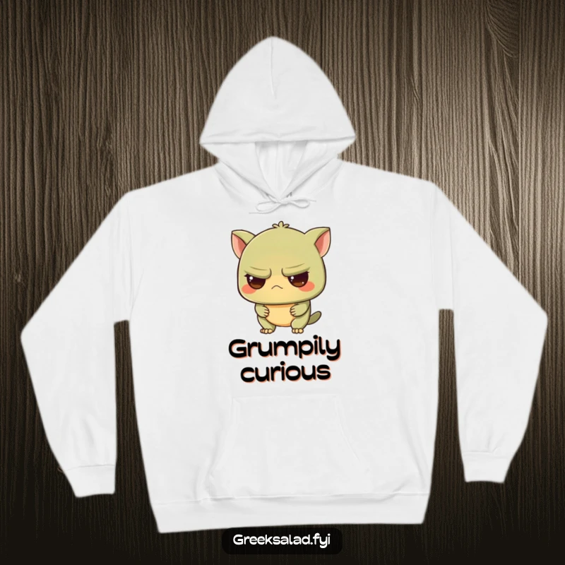 Funny hoodie illustration of a grumpy olive character looking intrigued, offering cozy comfort and a touch of dry, witty humor.