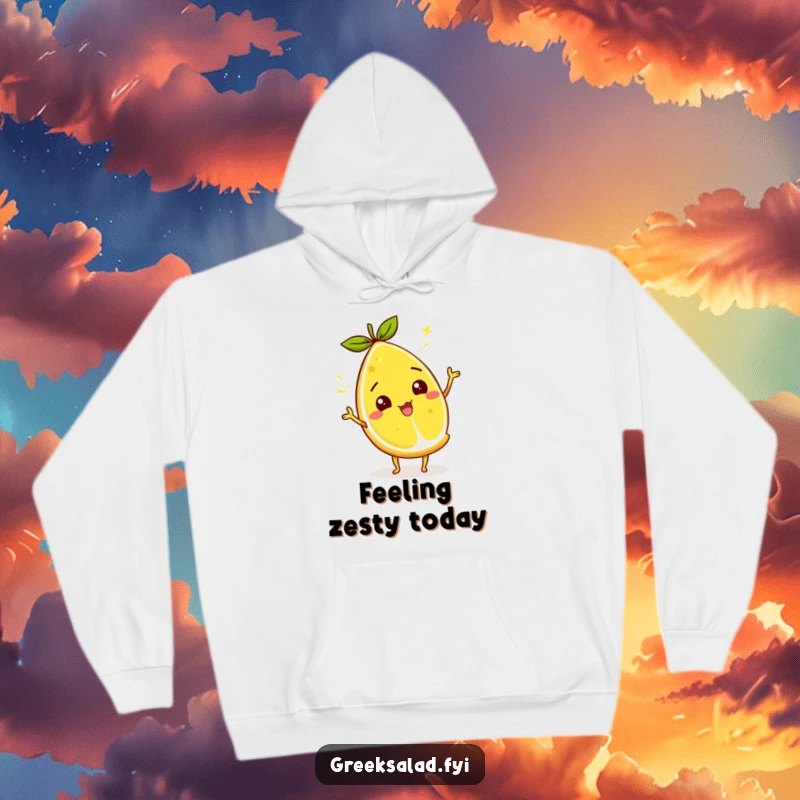 Funny lemon wedge hoodie featuring a cheerful citrus character wiggling its zest, providing cozy warmth and humor.