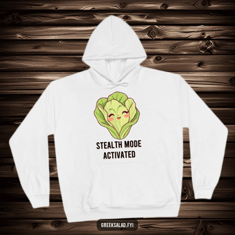 Funny lettuce leaf hoodie showcasing a charming vegetable character playfully peeking from the hood, offering cozy humor.