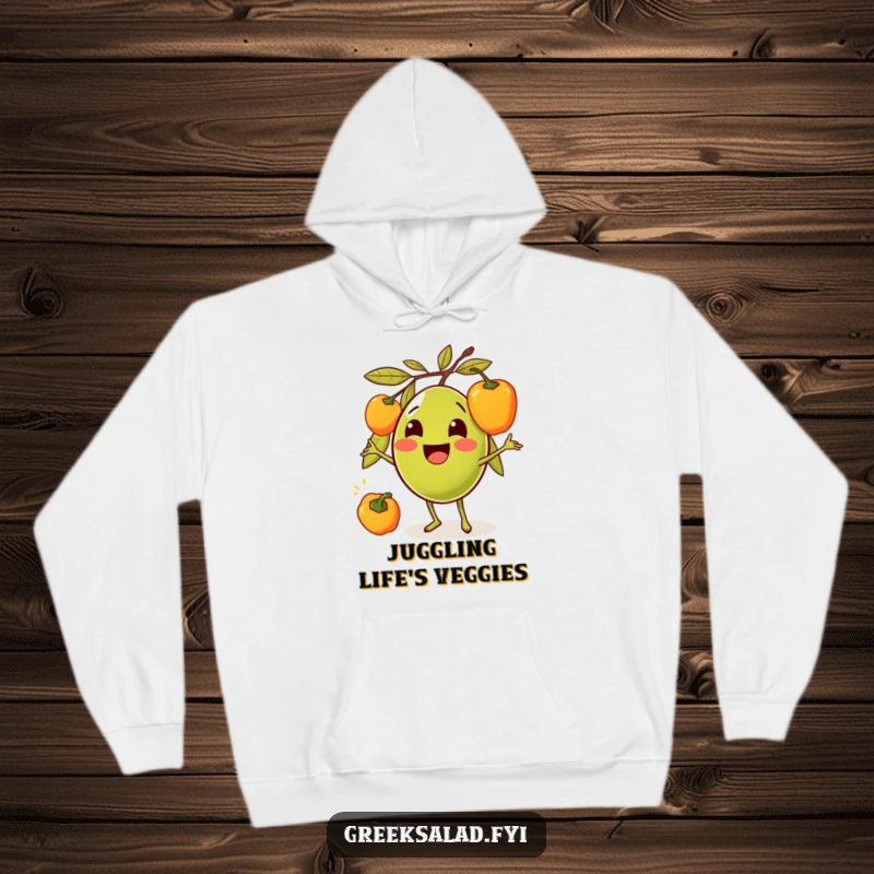 Funny hoodie print of a cheerful olive character in mid-air, expertly juggling vibrant bell peppers with a big smile.