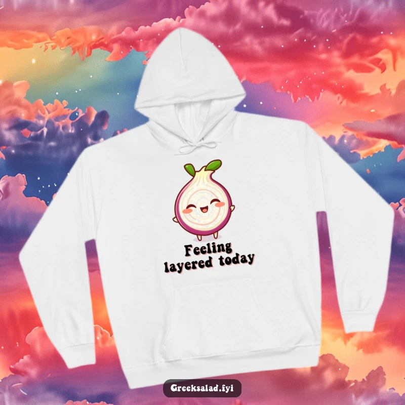 Funny hoodie featuring a giggling red onion slice character in a playful spin, offering warmth and a dose of veggie humor.