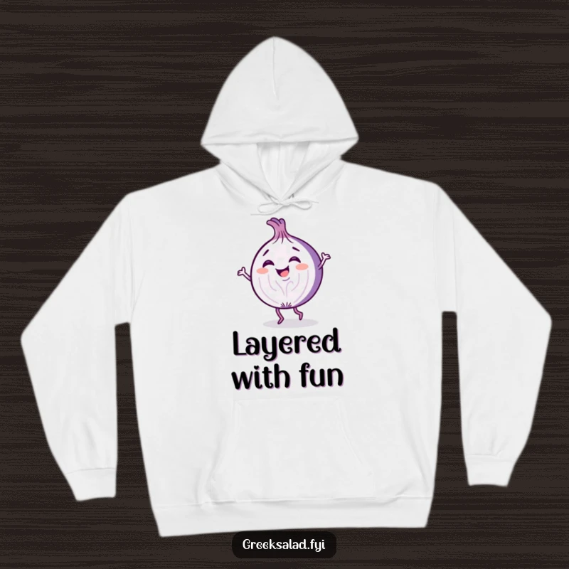 Funny hoodie design showcasing a giggling purple onion slice character in an energetic and playful dance pose.