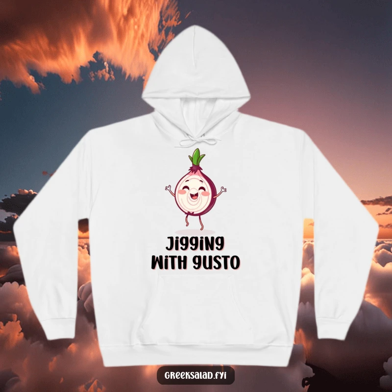 Funny Red Onion Jig Hoodie: A happy red onion slice jigs, offering cozy comfort and vegetable cheer.