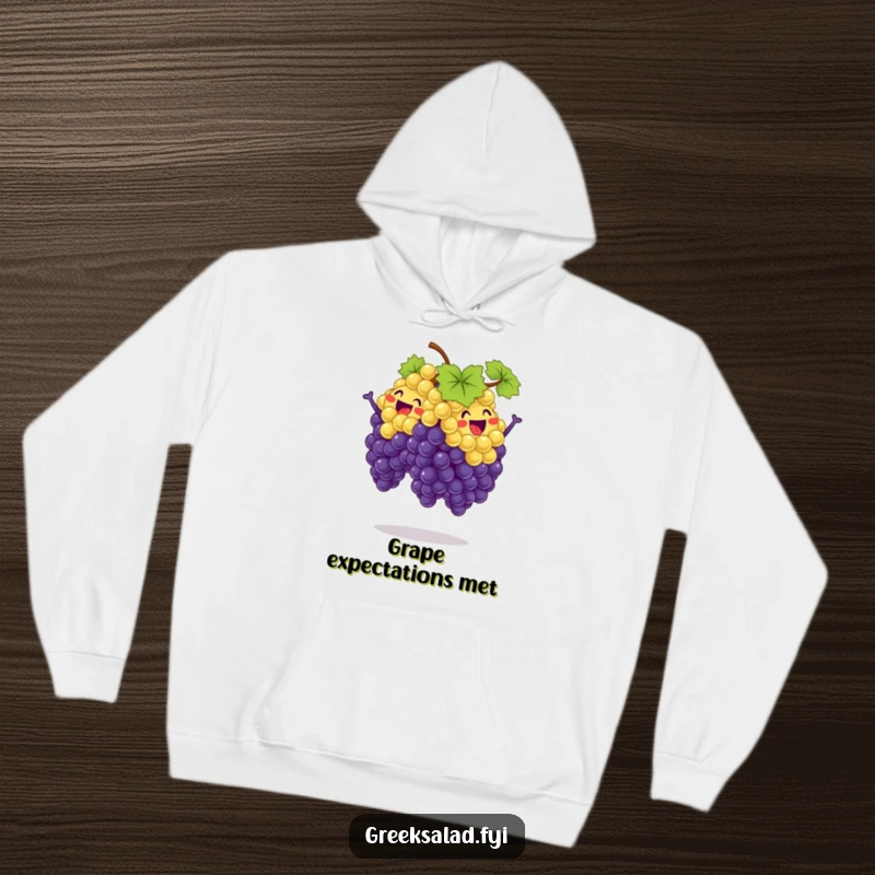 Funny hoodie print of a happy bunch of grapes performing a synchronized jump, emphasizing their collective joy and playful team spirit.